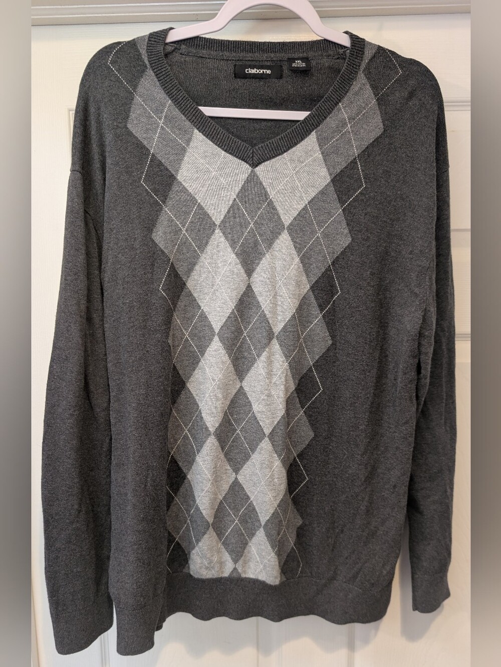 Claiborne Men's XXL Gray Argyle V-Neck 100% Cotton Pullover Sweater